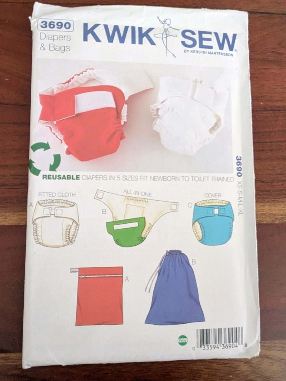 Vintage Kwik Sew Pattern #3690: Diapers & Cover, Insert & Bag - Sealed & Unused
